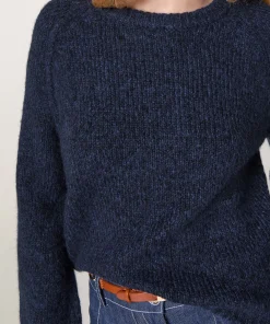 New Rodier Pull col rond en grosse maille chiné bleu marine