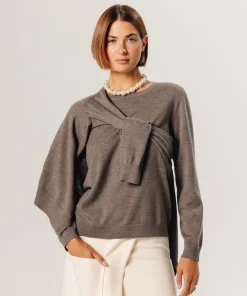 Clearance Rodier Pull col rond en laine mérinos marron taupe