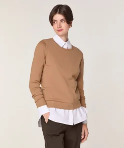 New Rodier Pull col rond en laine mérinos marron camel