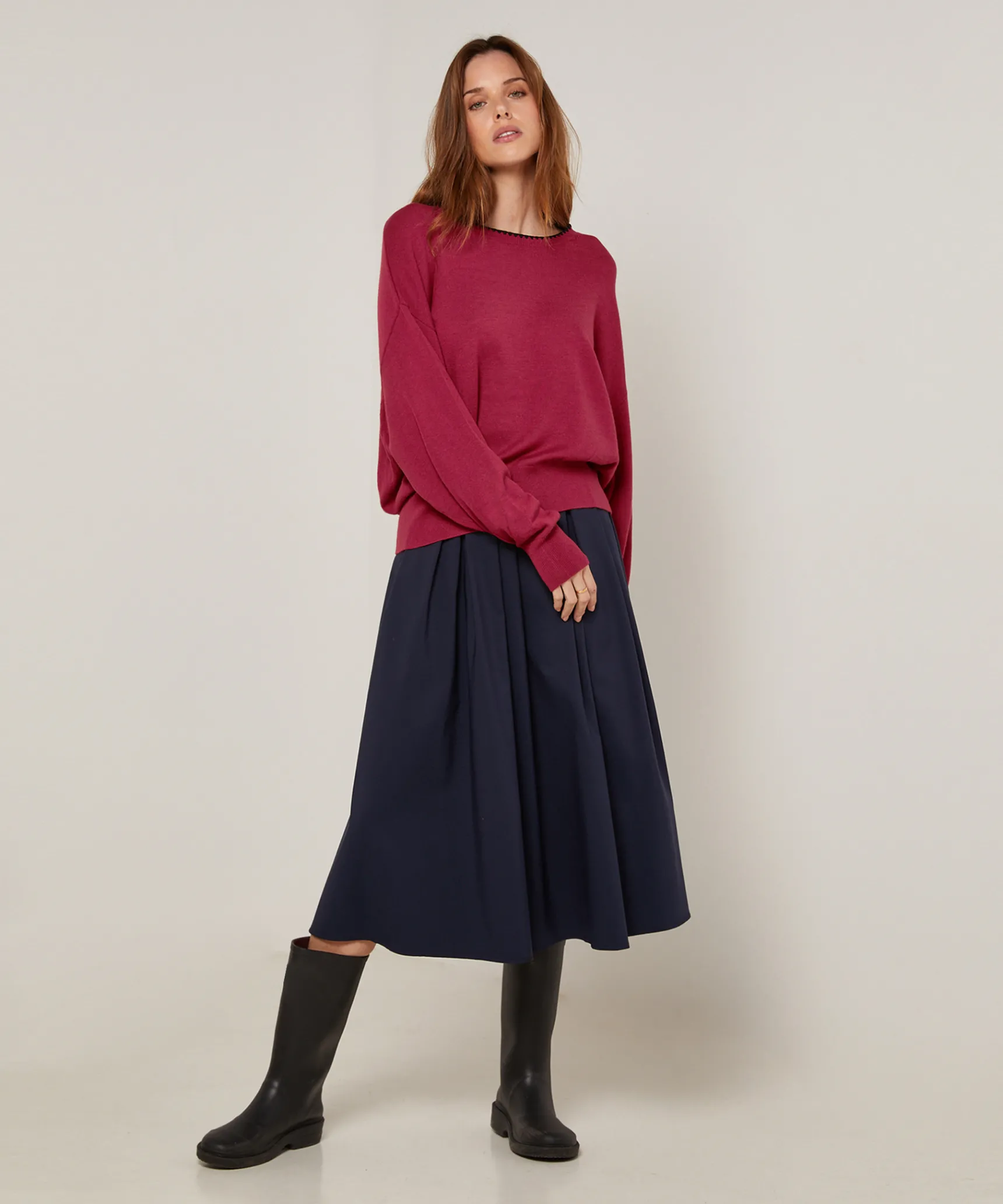 New Rodier Pull col rond en maille fine rouge grenat