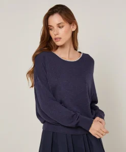 Rodier Pull col rond en maille fine bleu denim