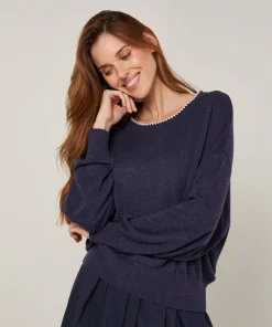 Rodier Pull col rond en maille fine bleu denim
