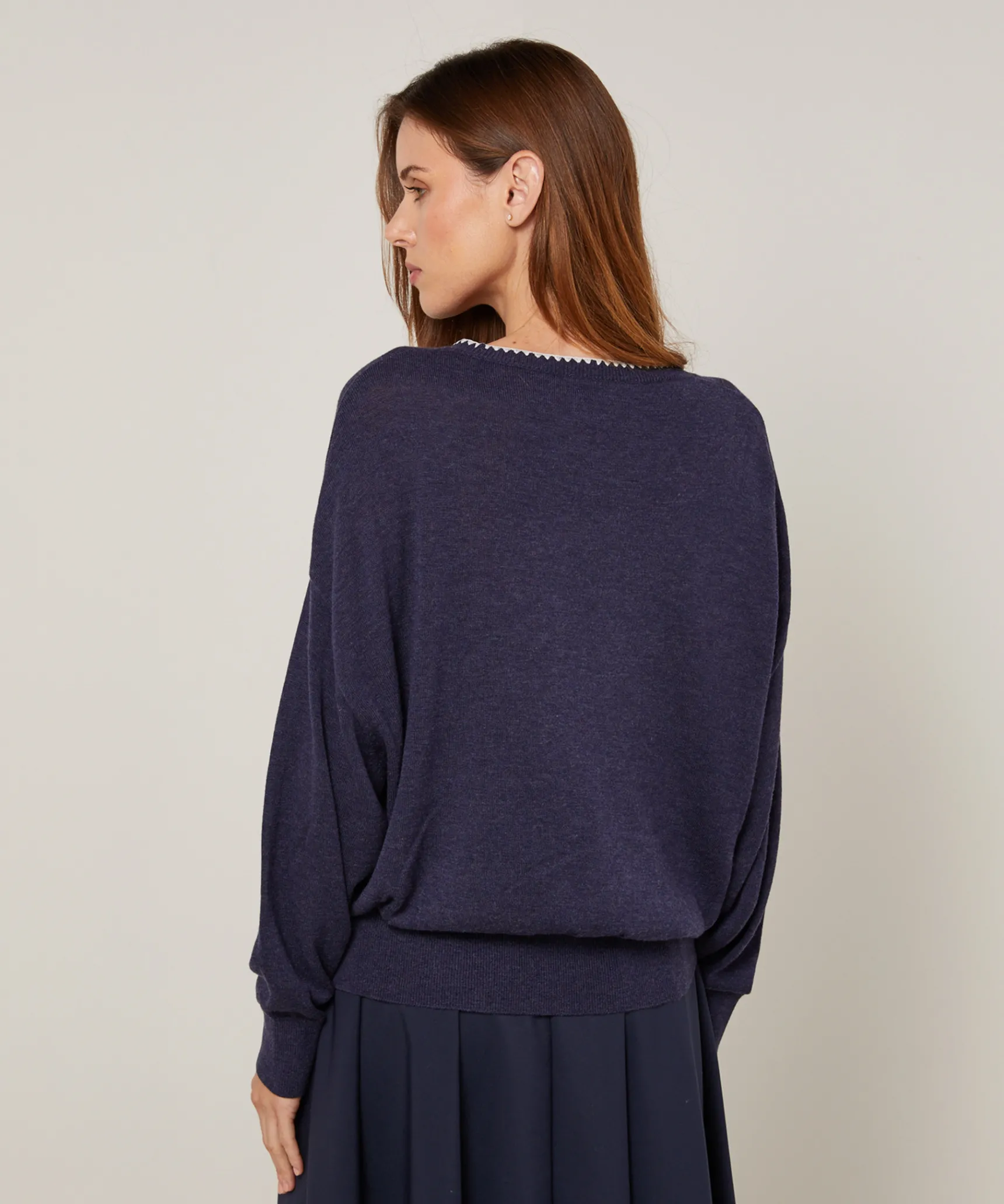Rodier Pull col rond en maille fine bleu denim