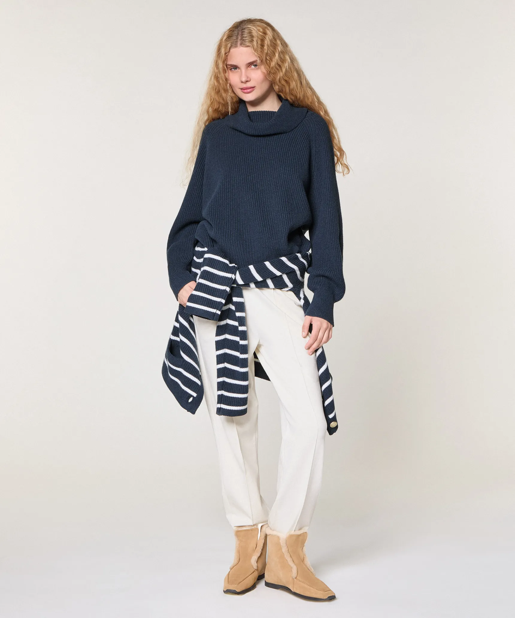 New Rodier Pull col roulé à côtes bleu denim