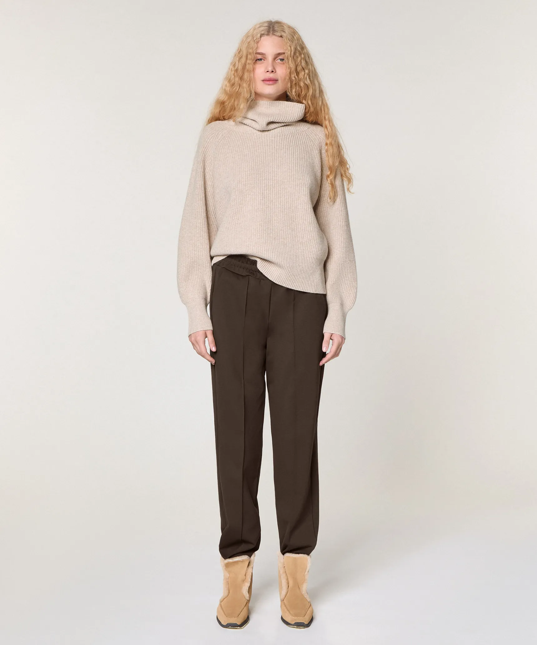 Online Rodier Pull col roulé à côtes beige chiné