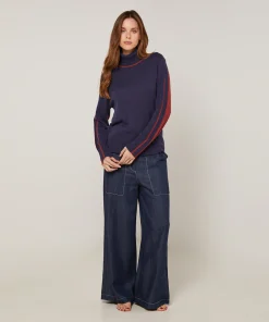 Online Rodier Pull col roulé bicolore bleu denim
