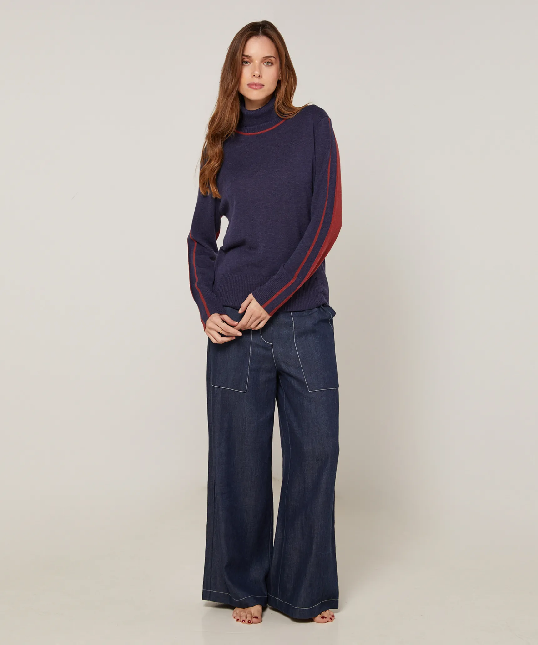 Online Rodier Pull col roulé bicolore bleu denim