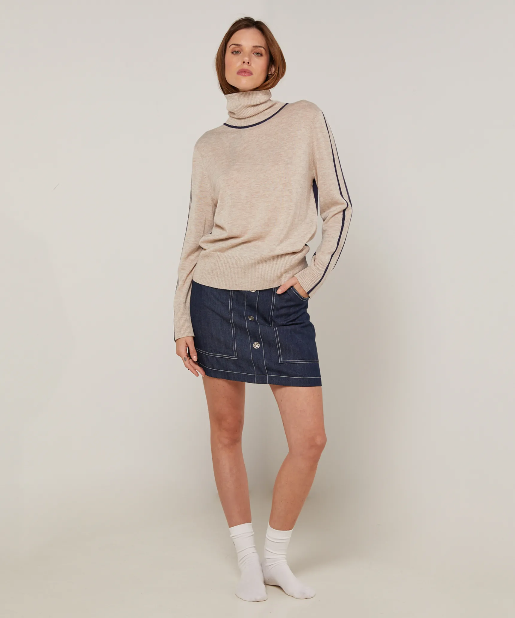 Discount Rodier Pull col roulé bicolore beige
