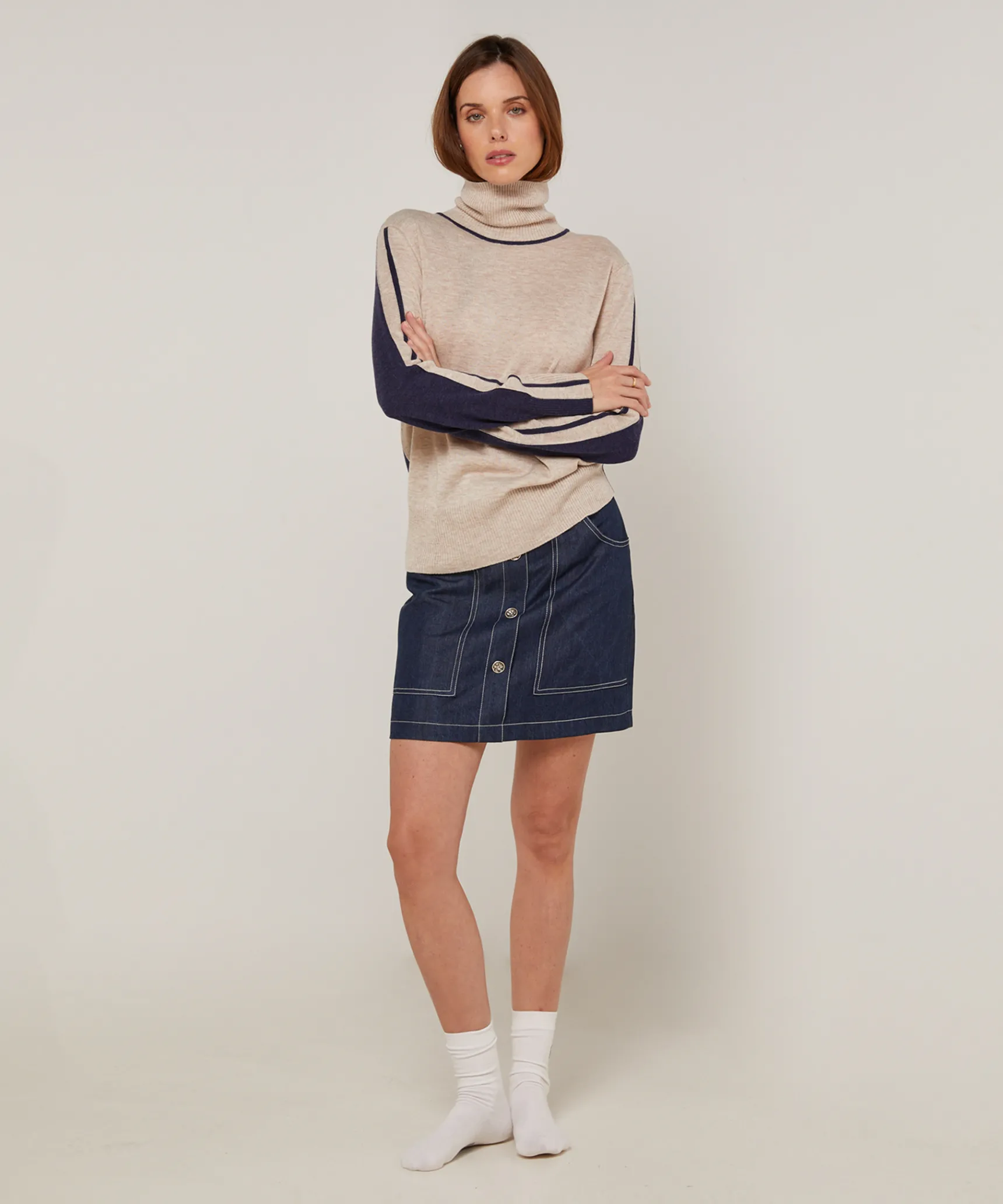 Discount Rodier Pull col roulé bicolore beige
