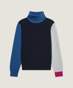 Rodier Pull col roulé color block en laine mérinos bleu marine