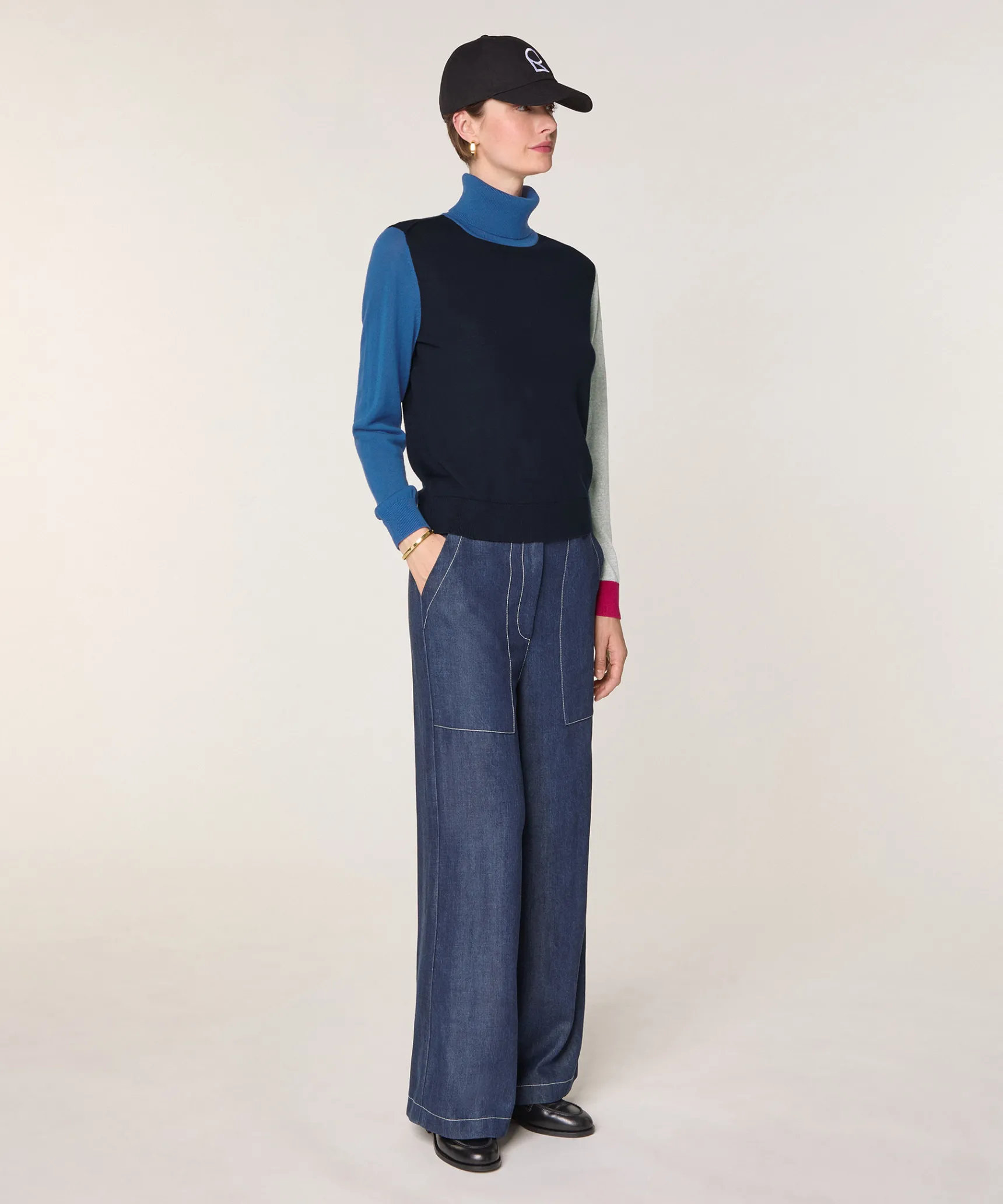 Rodier Pull col roulé color block en laine mérinos bleu marine