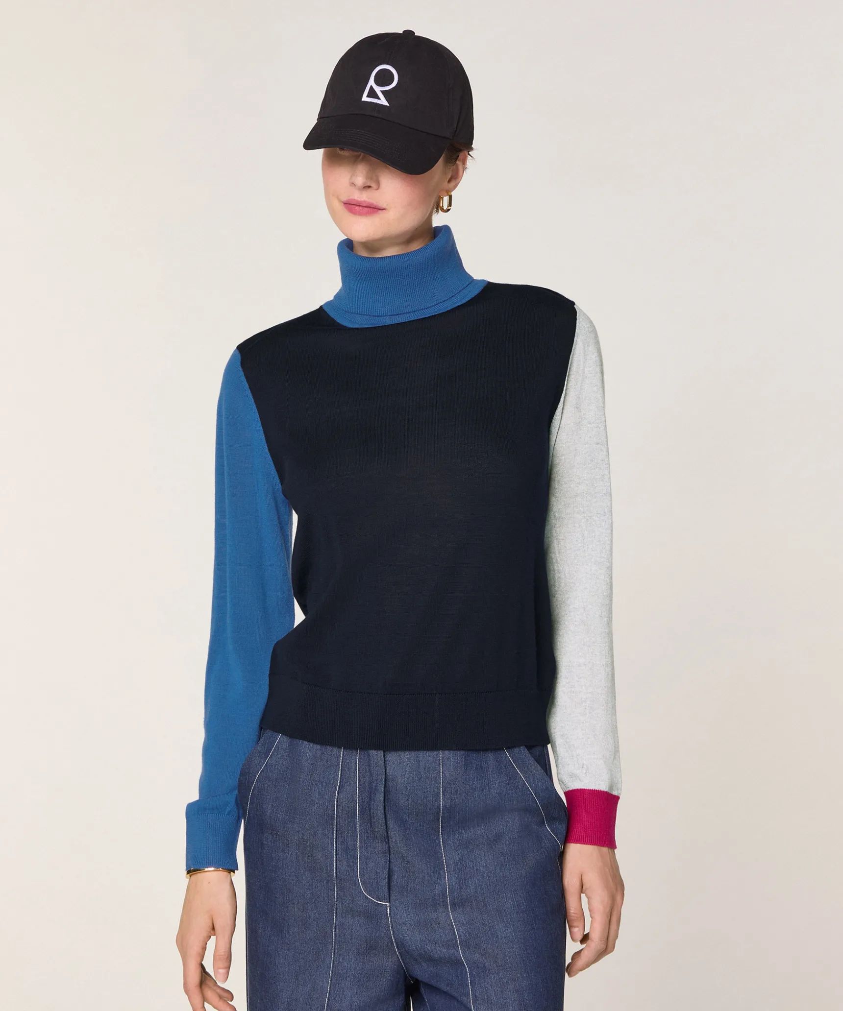 Rodier Pull col roulé color block en laine mérinos bleu marine