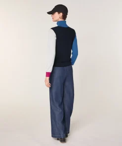 Rodier Pull col roulé color block en laine mérinos bleu marine