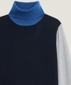Rodier Pull col roulé color block en laine mérinos bleu marine