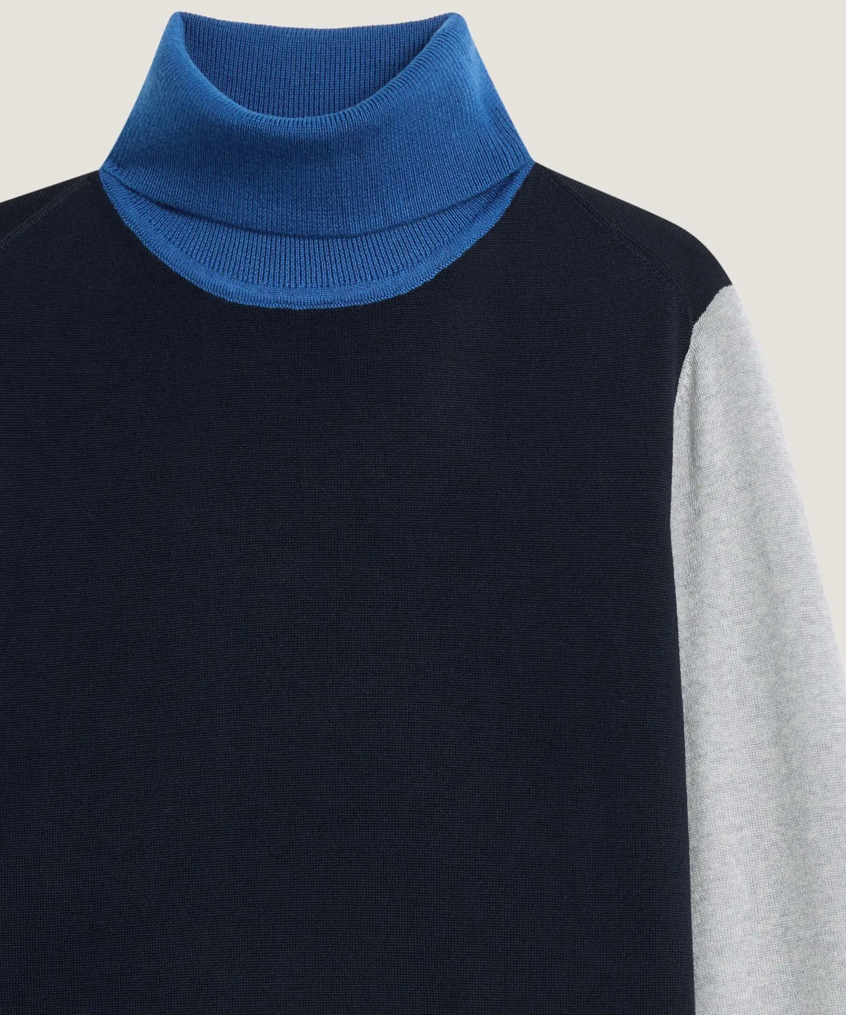 Rodier Pull col roulé color block en laine mérinos bleu marine