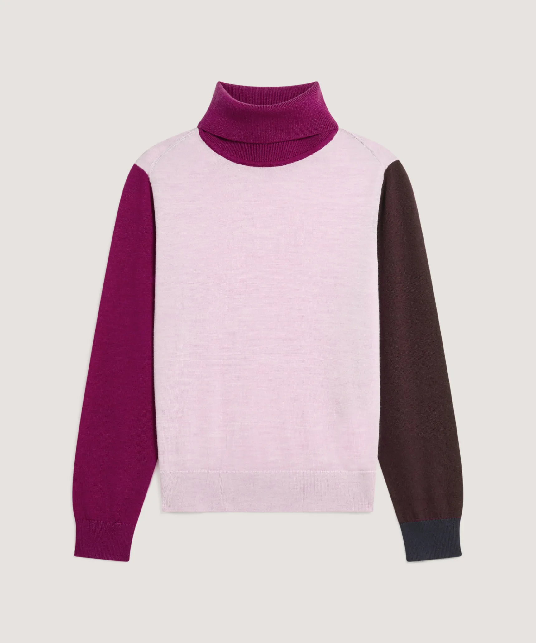 Rodier Pull col roulé color block en laine mérinos rose pâle