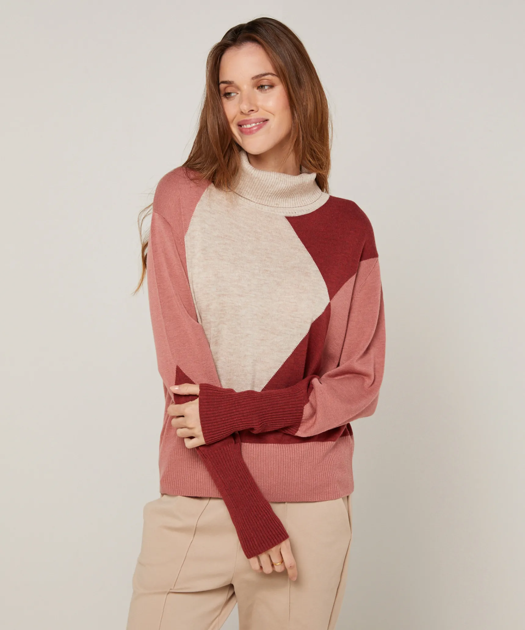 Rodier Pull col roulé colorblock beige