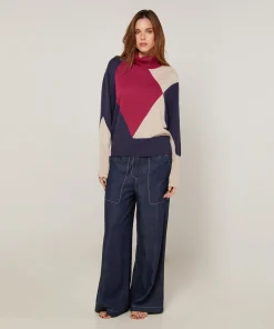 Clearance Rodier Pull col roulé colorblock rouge grenat