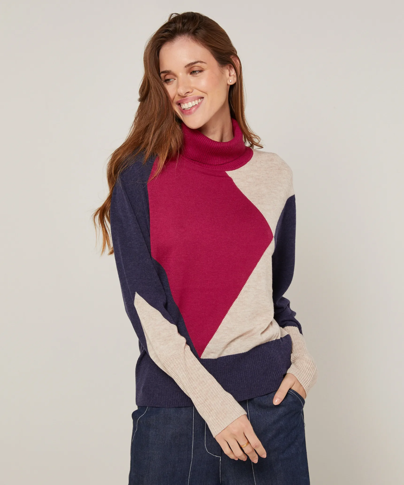 Clearance Rodier Pull col roulé colorblock rouge grenat