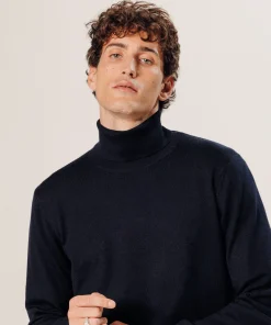 Hot Rodier Pull col roulé en laine mérinos bleu nuit