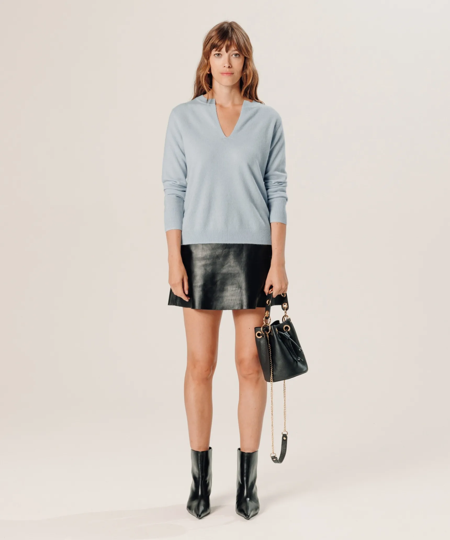 New Rodier Pull col tunisien en cachemire bleu ciel
