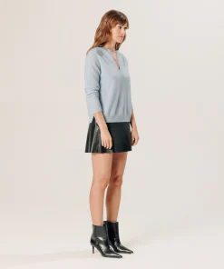 New Rodier Pull col tunisien en cachemire bleu ciel