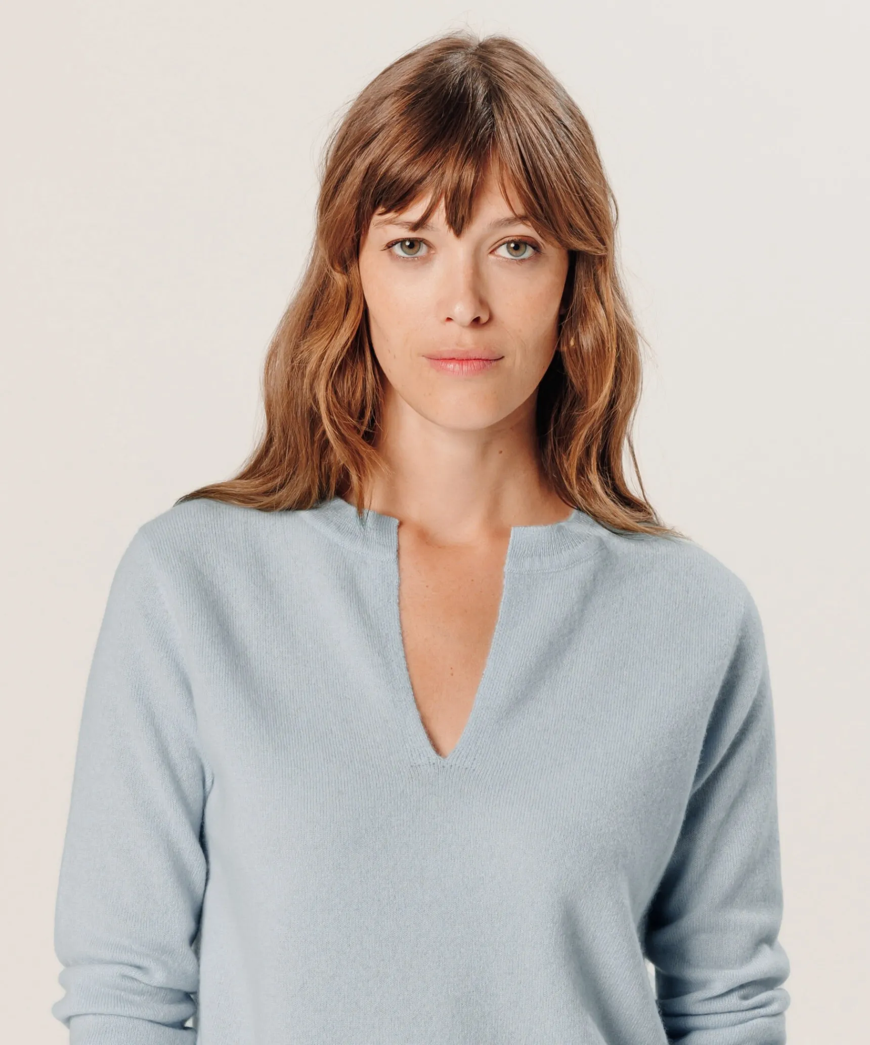 New Rodier Pull col tunisien en cachemire bleu ciel