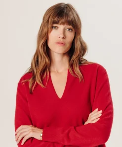 New Rodier Pull col tunisien en cachemire rouge