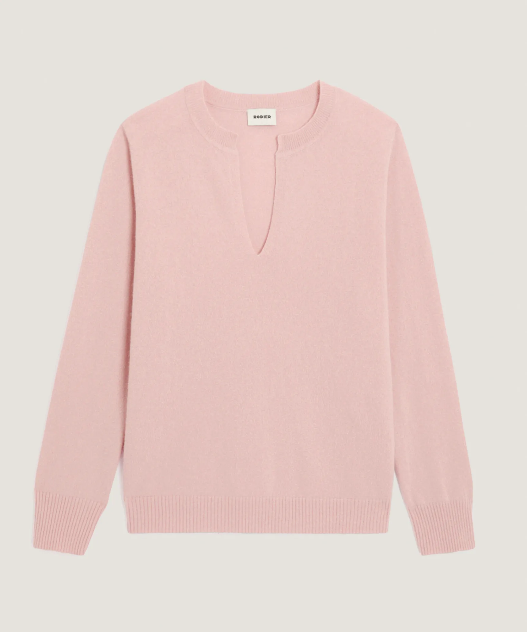 New Rodier Pull col tunisien en cachemire rose poudre