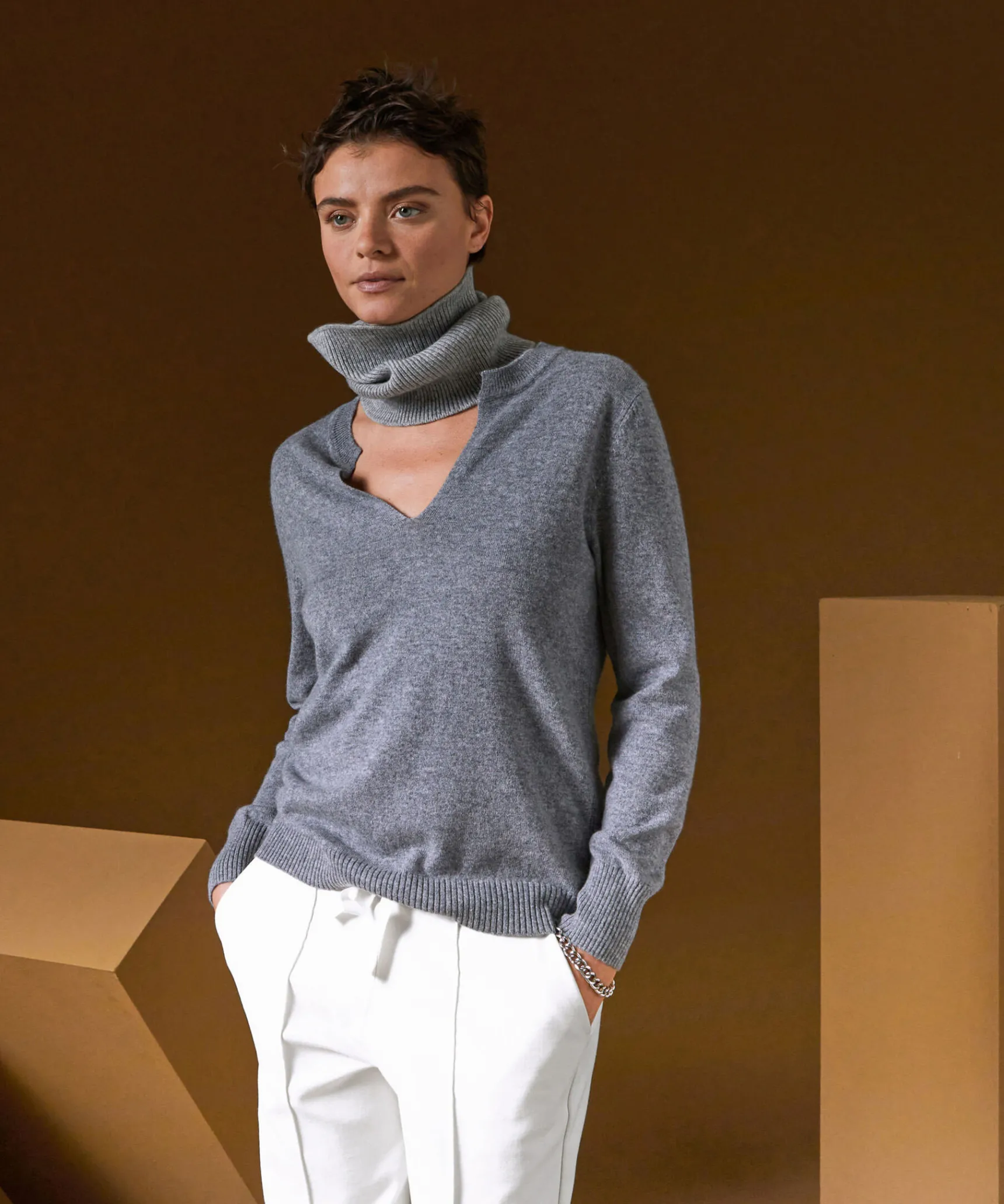 Online Rodier Pull col tunisien en cachemire gris
