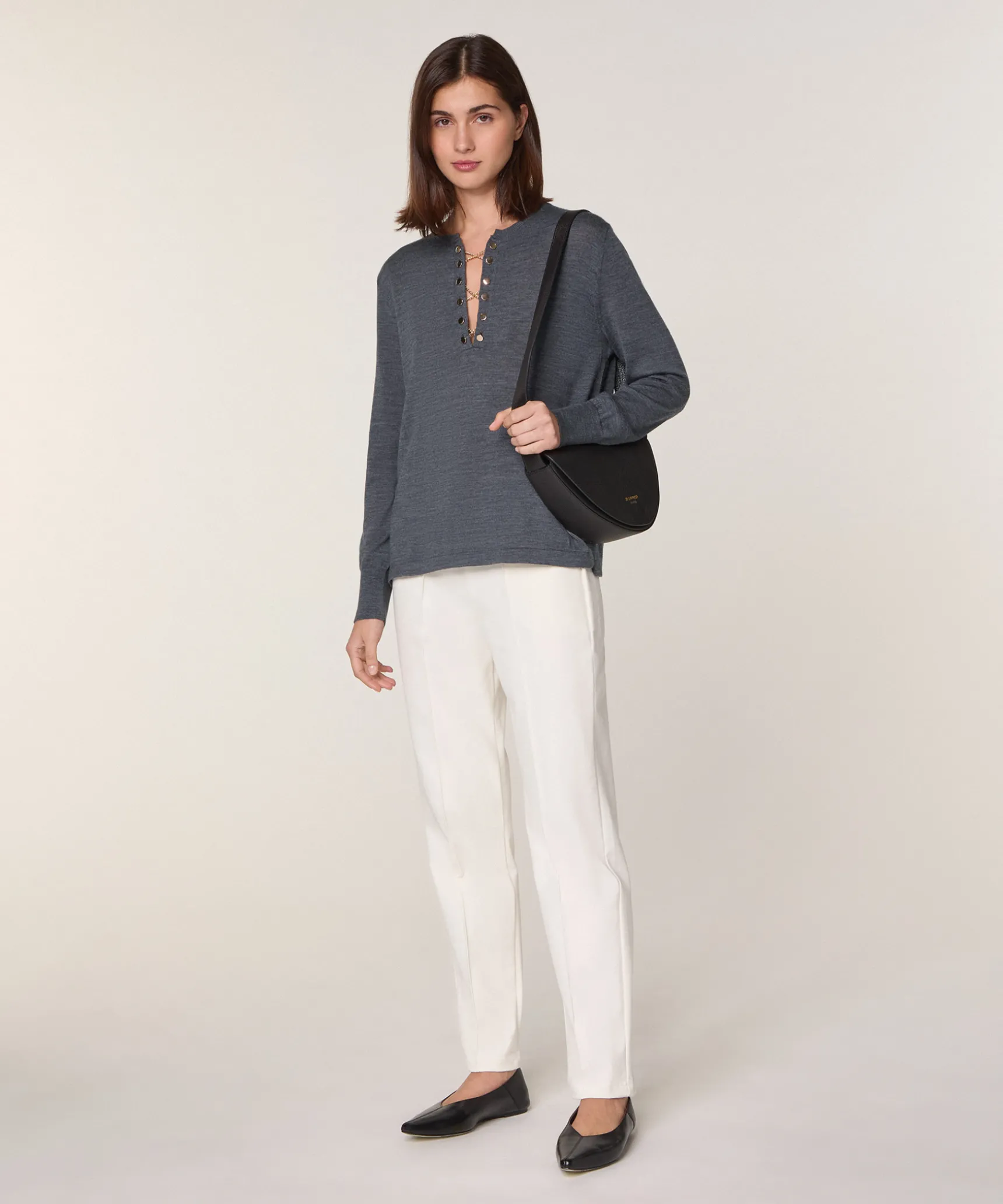 Hot Rodier Pull col tunisien en laine mérinos gris foncé