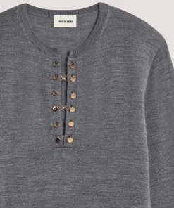 Hot Rodier Pull col tunisien en laine mérinos gris foncé