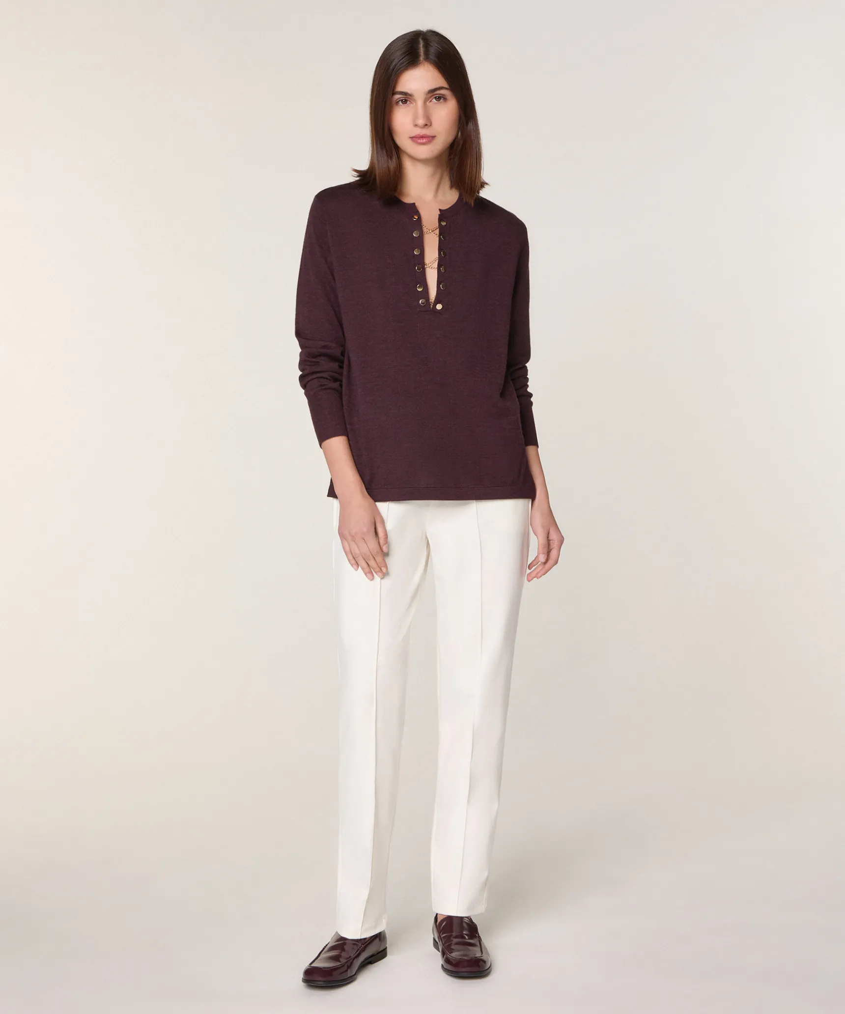 New Rodier Pull col tunisien en laine mérinos marron foncé