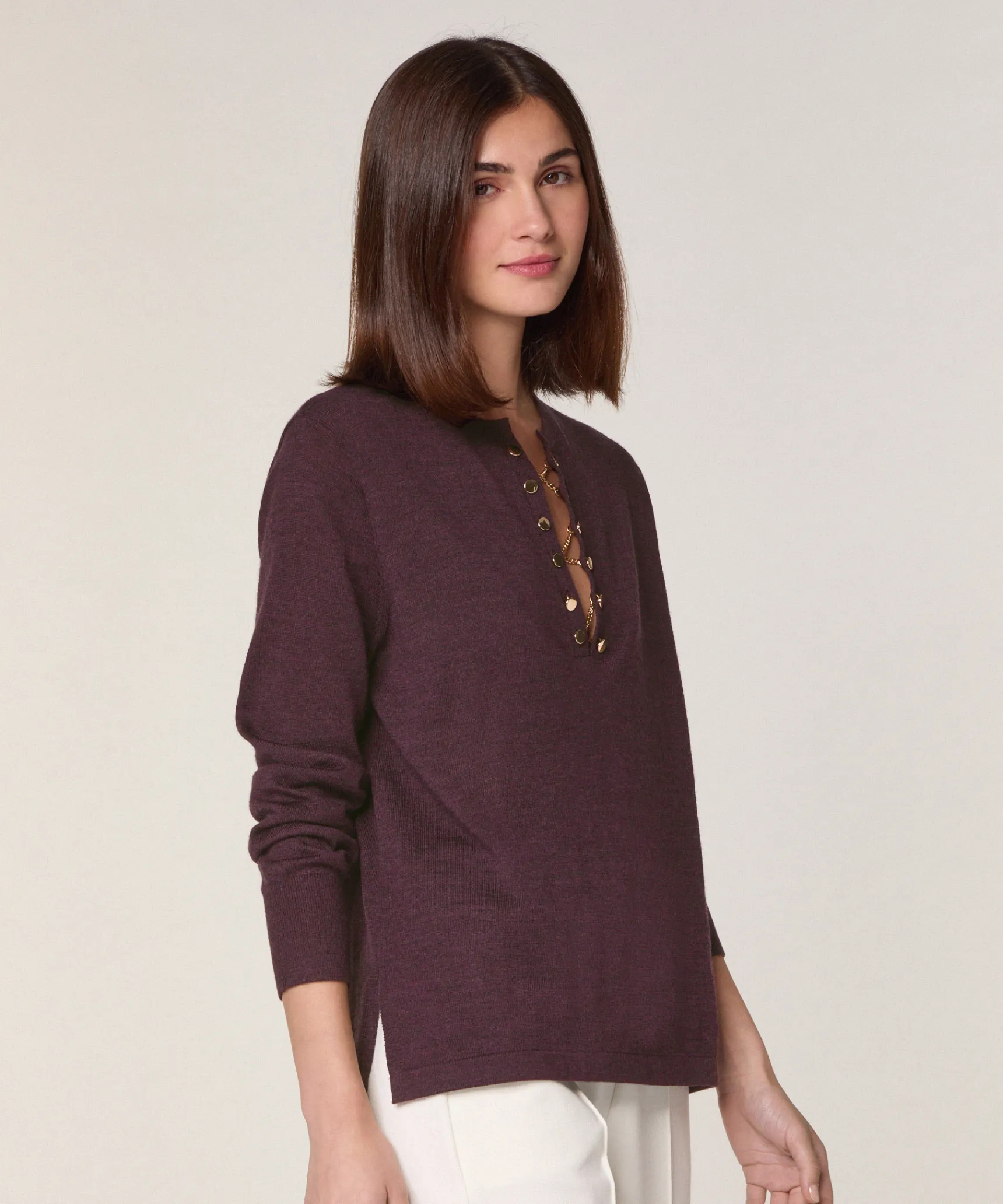 New Rodier Pull col tunisien en laine mérinos marron foncé