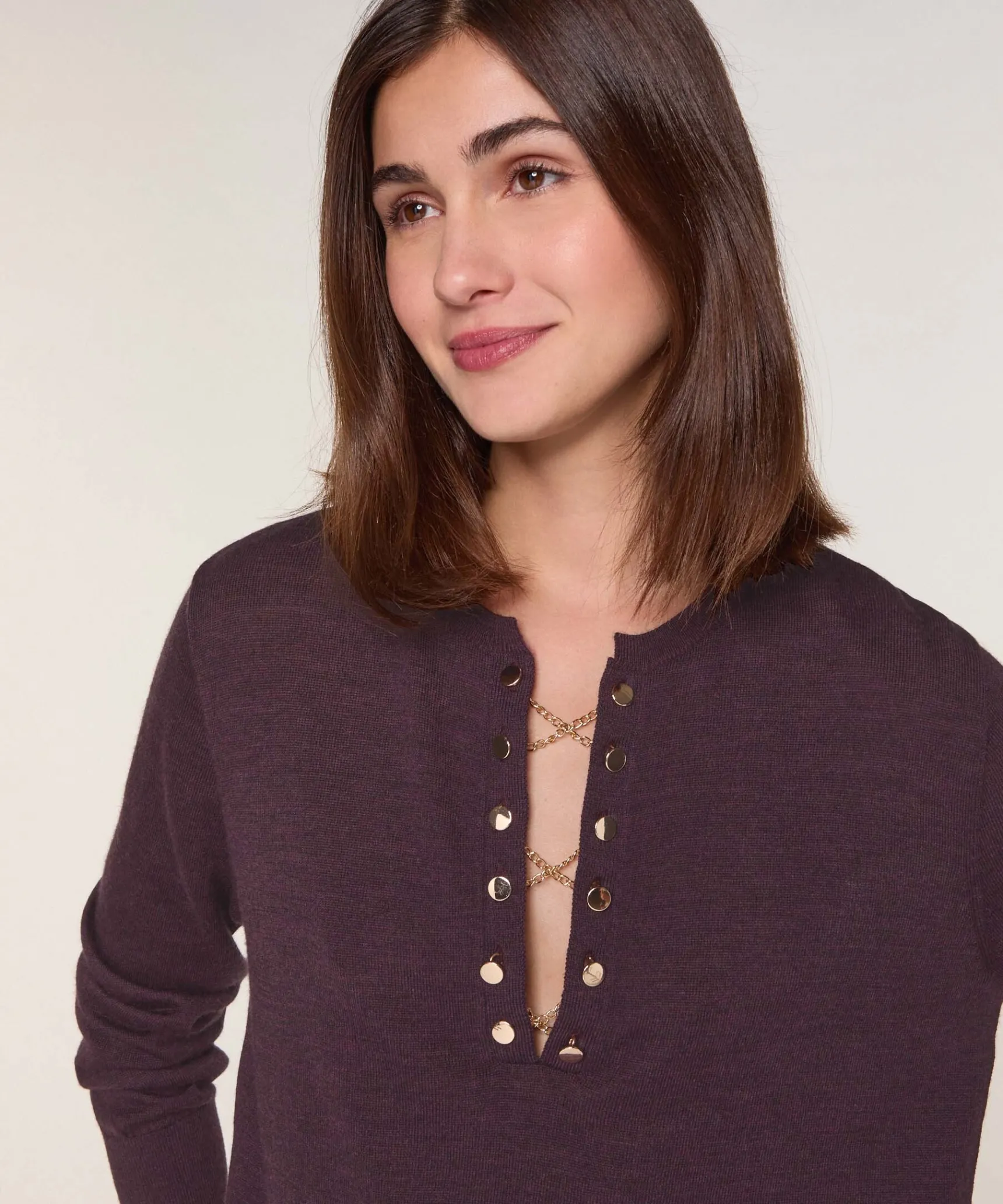 New Rodier Pull col tunisien en laine mérinos marron foncé