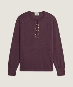 New Rodier Pull col tunisien en laine mérinos marron foncé