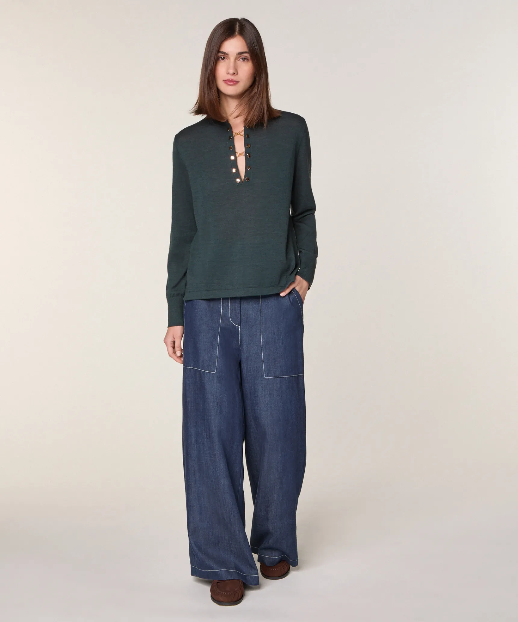 Rodier Pull col tunisien en laine mérinos vert gris