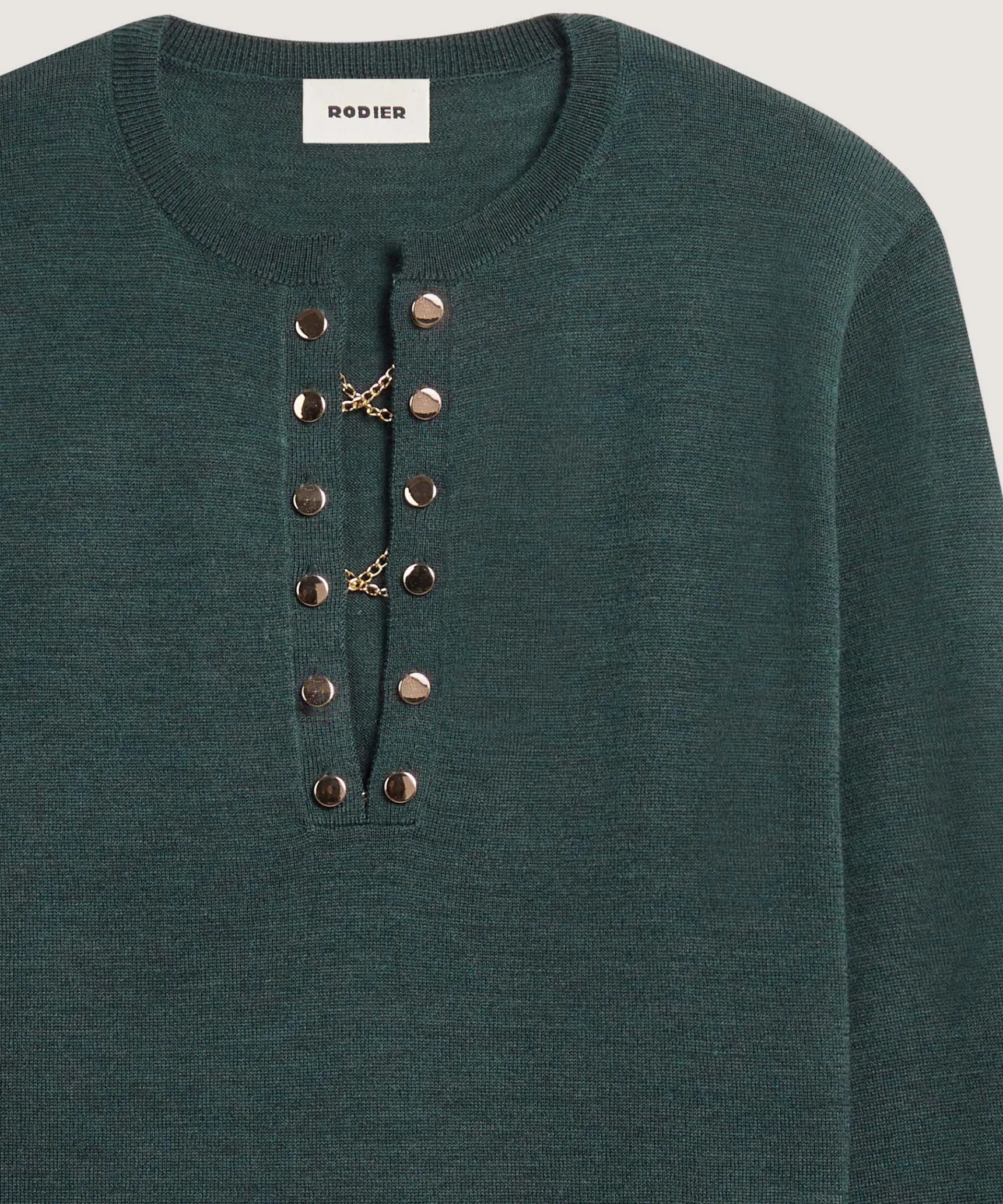 Rodier Pull col tunisien en laine mérinos vert gris