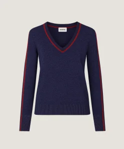 Hot Rodier Pull col V bicolore bleu denim