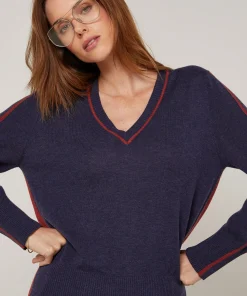 Hot Rodier Pull col V bicolore bleu denim