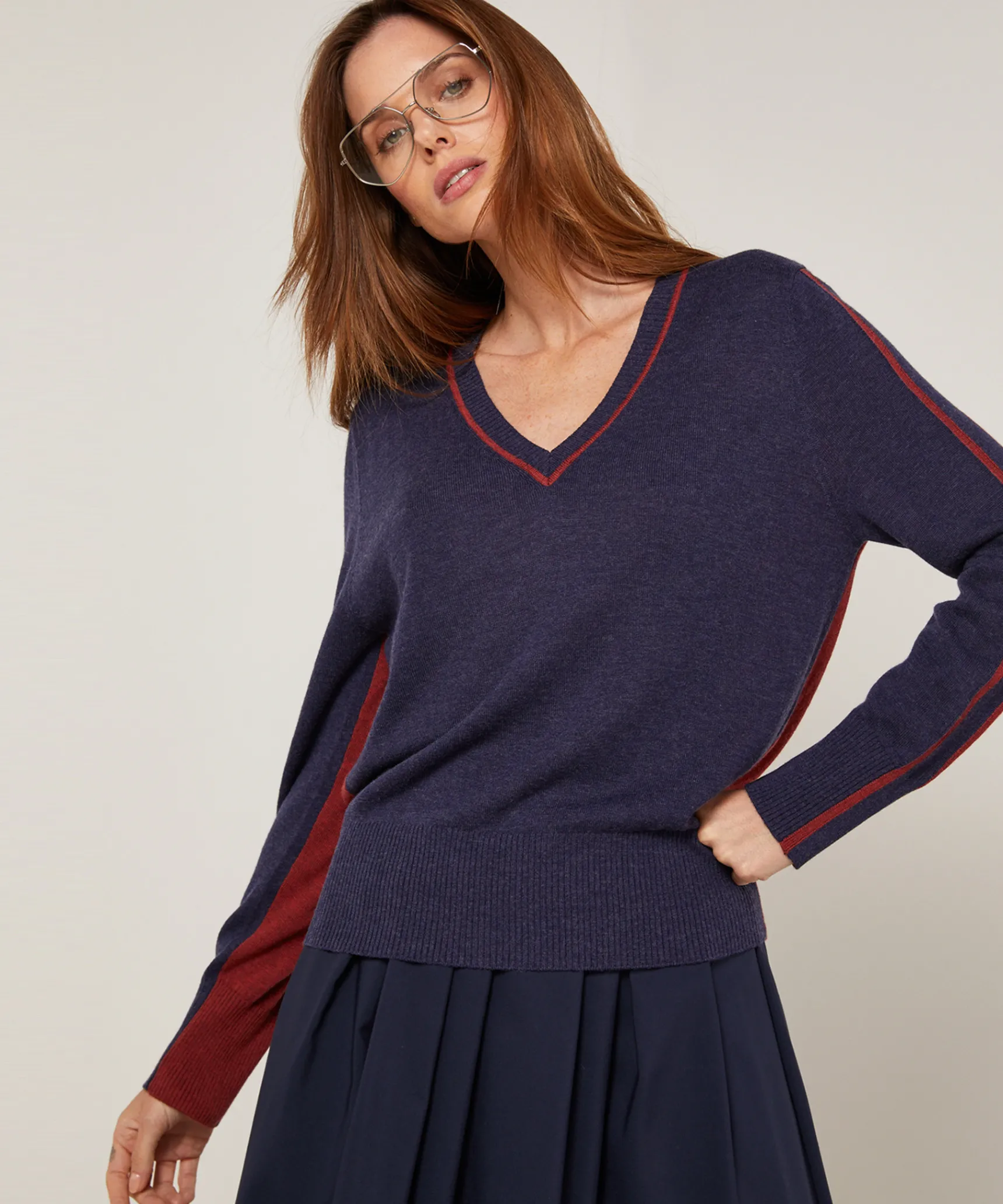 Hot Rodier Pull col V bicolore bleu denim