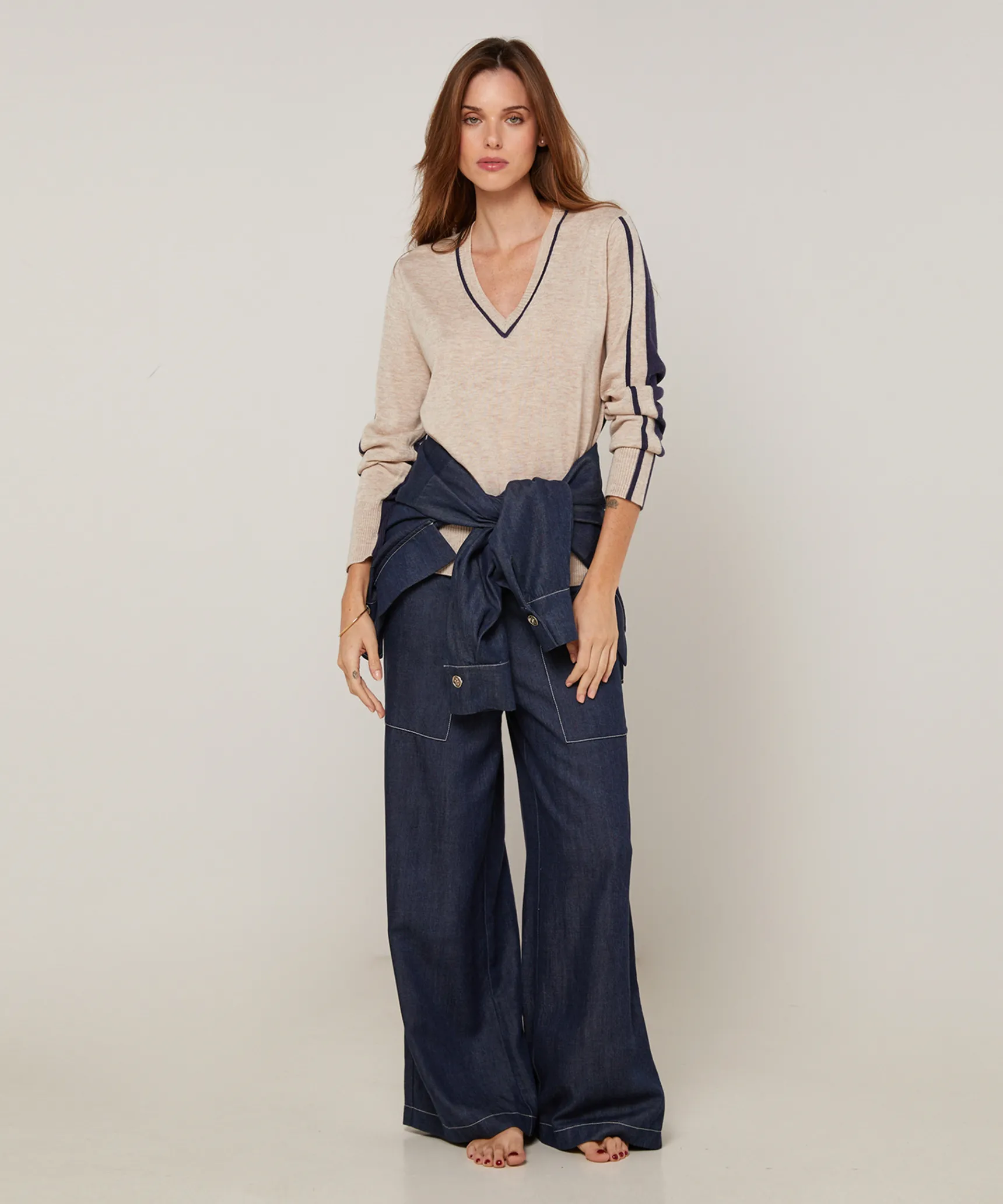 Discount Rodier Pull col V bicolore beige