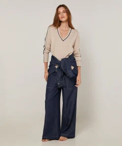 Discount Rodier Pull col V bicolore beige