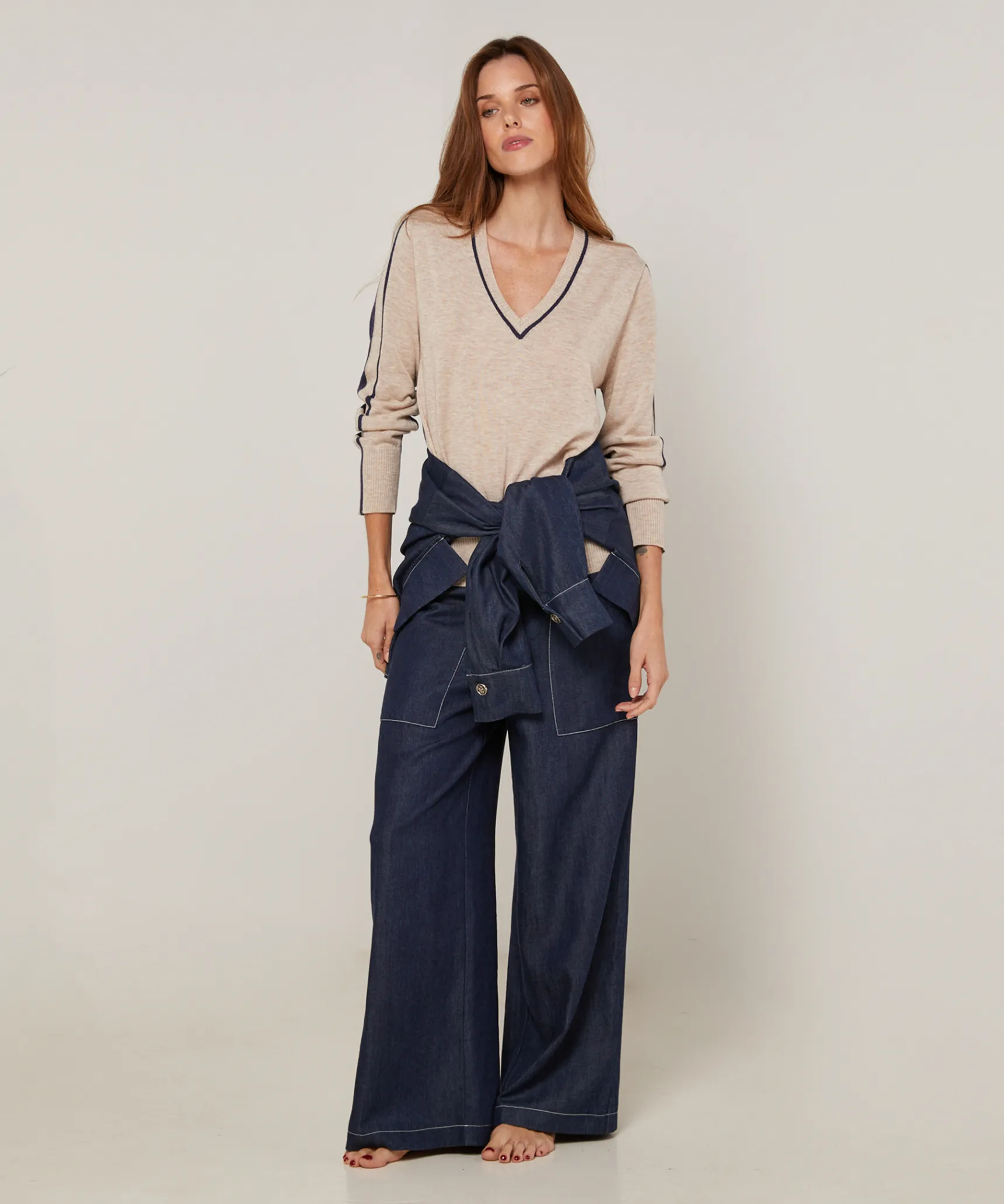 Discount Rodier Pull col V bicolore beige