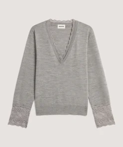 Discount Rodier Pull col V dentelle en laine gris foncé