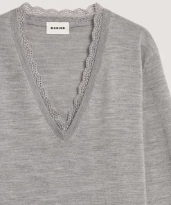 Discount Rodier Pull col V dentelle en laine gris foncé