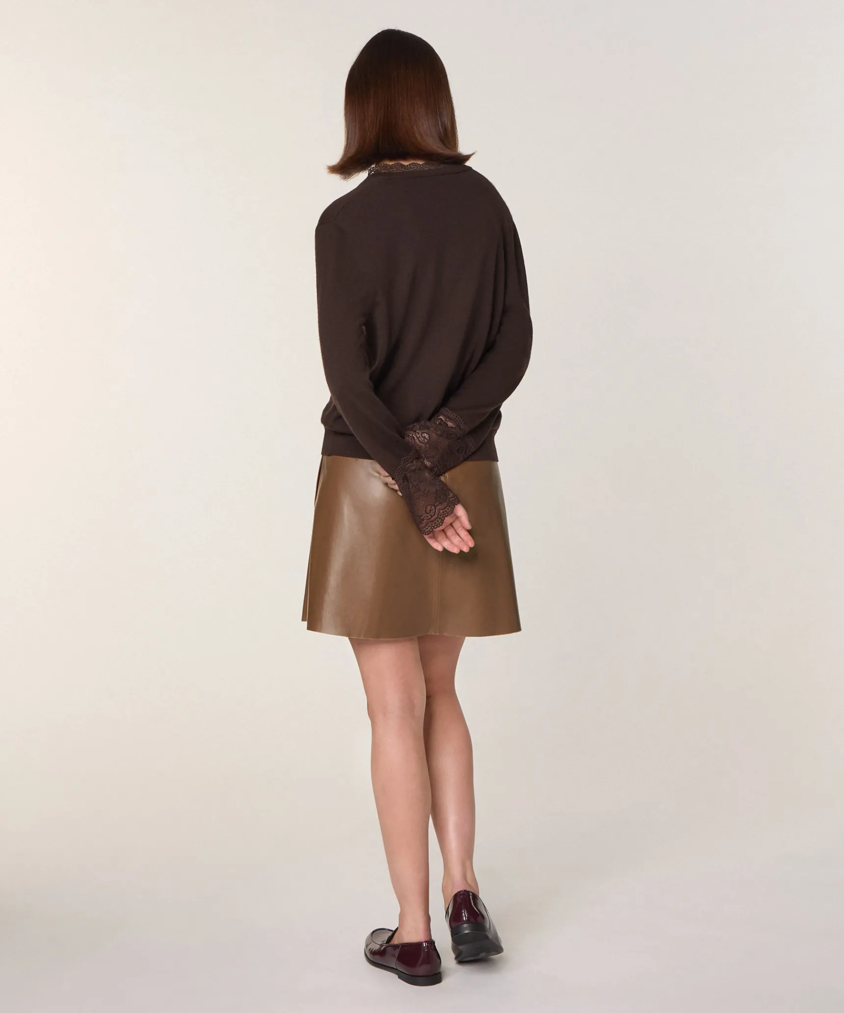 Discount Rodier Pull col V dentelle en laine marron café