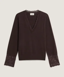 Discount Rodier Pull col V dentelle en laine marron café