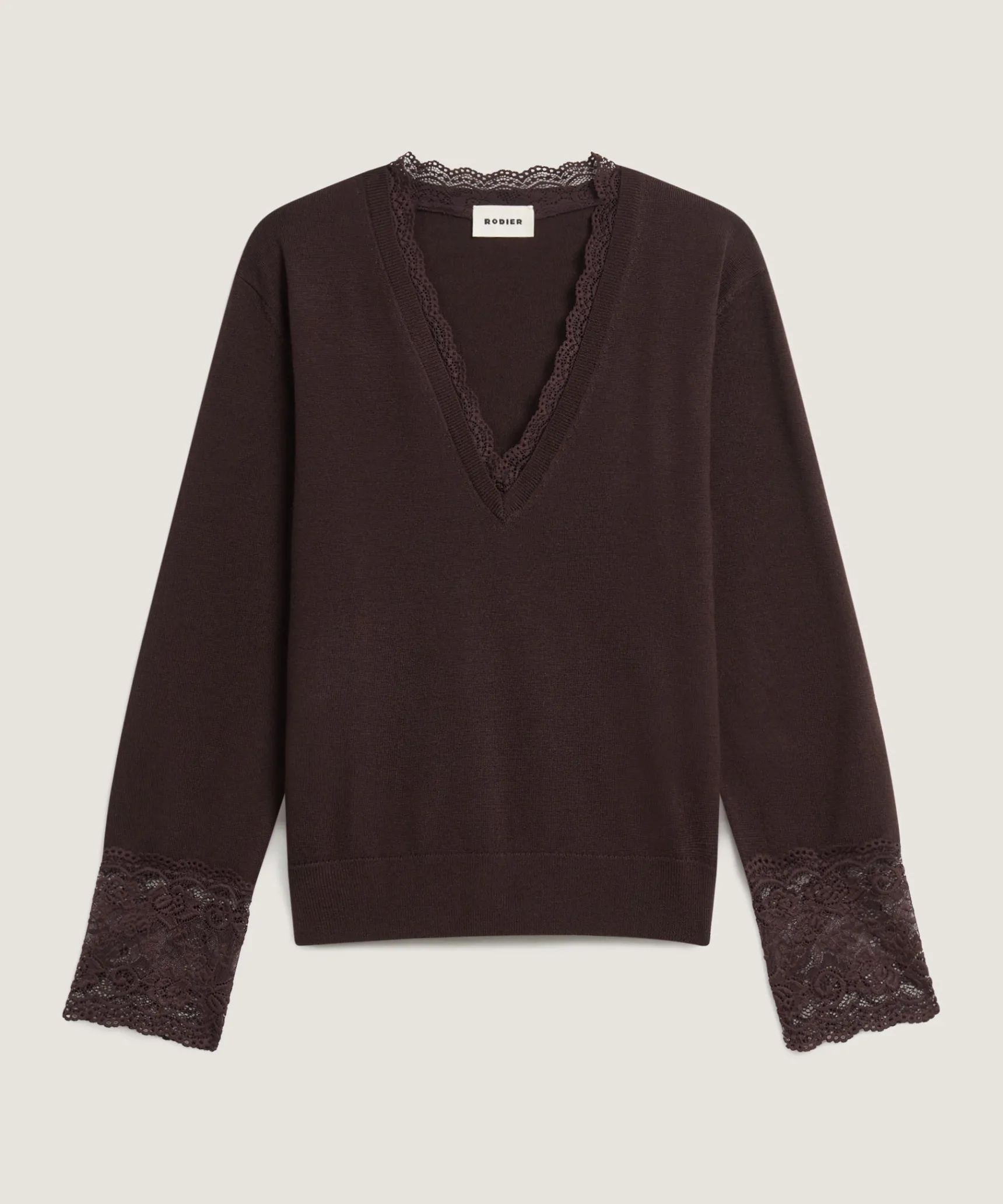 Discount Rodier Pull col V dentelle en laine marron café