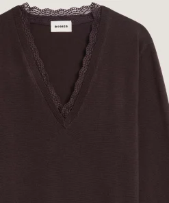 Discount Rodier Pull col V dentelle en laine marron café
